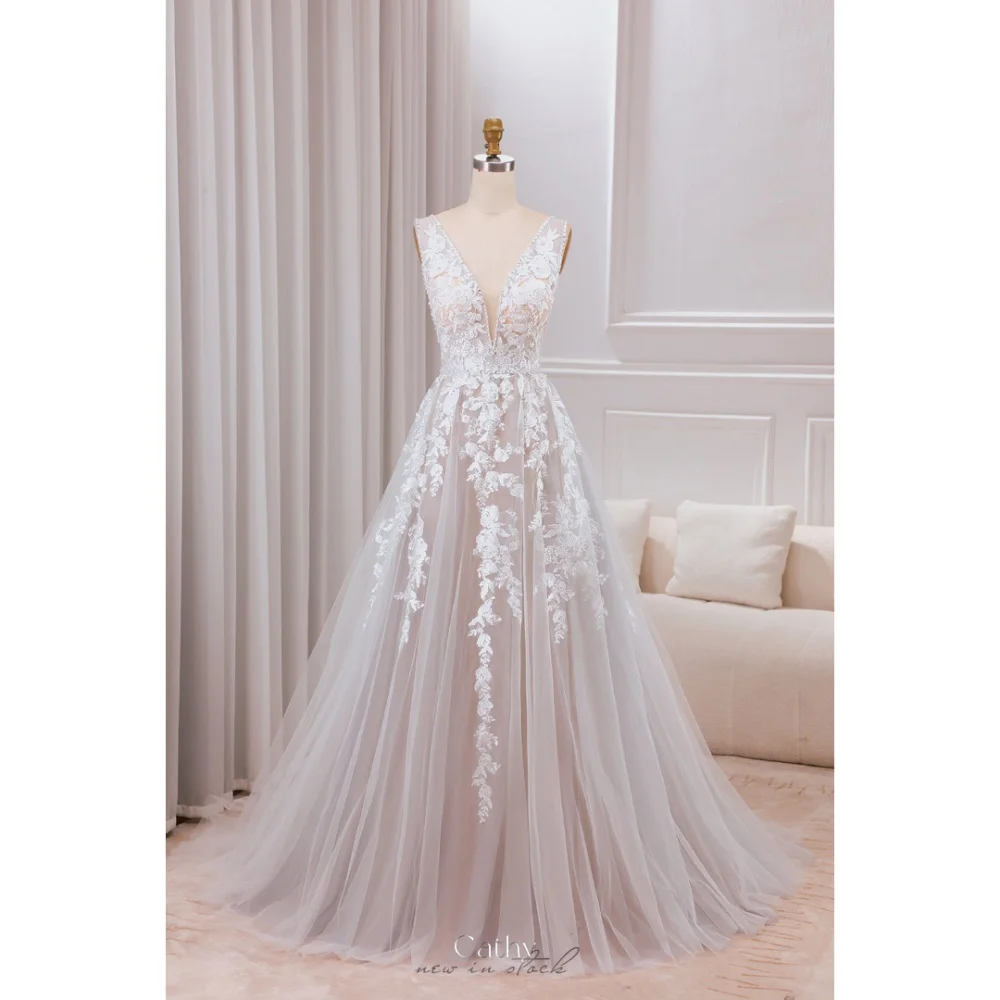 Cathy цвета шампанского с вышивкой свадебные платья без рукавов v-образным вырезом