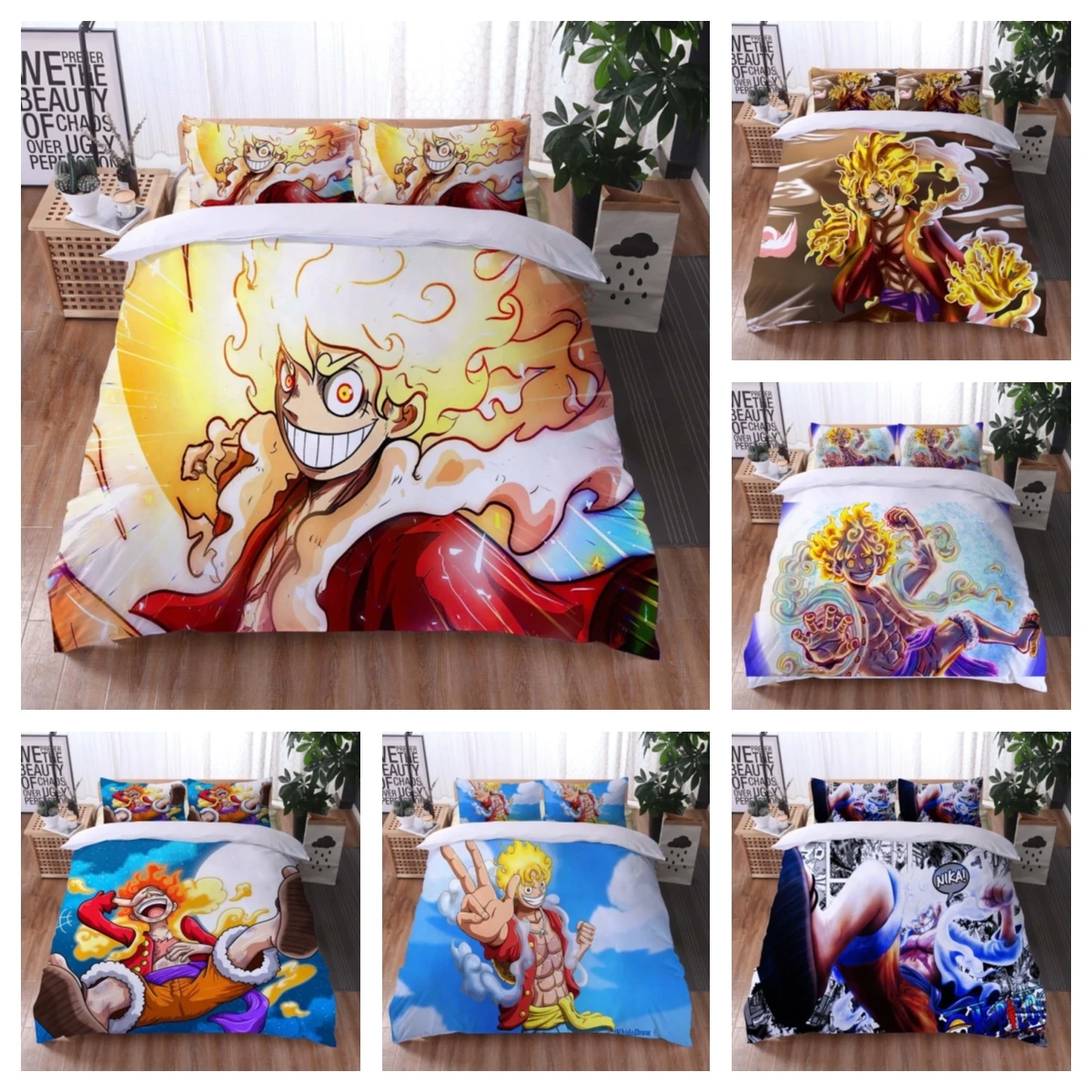 

New Pieceed Anime Figure Luffy Gear 5 Sun God Luffy Nika Printed Bed Sheet Set Double Large Quilt Cover Pillowcase Bed Linings