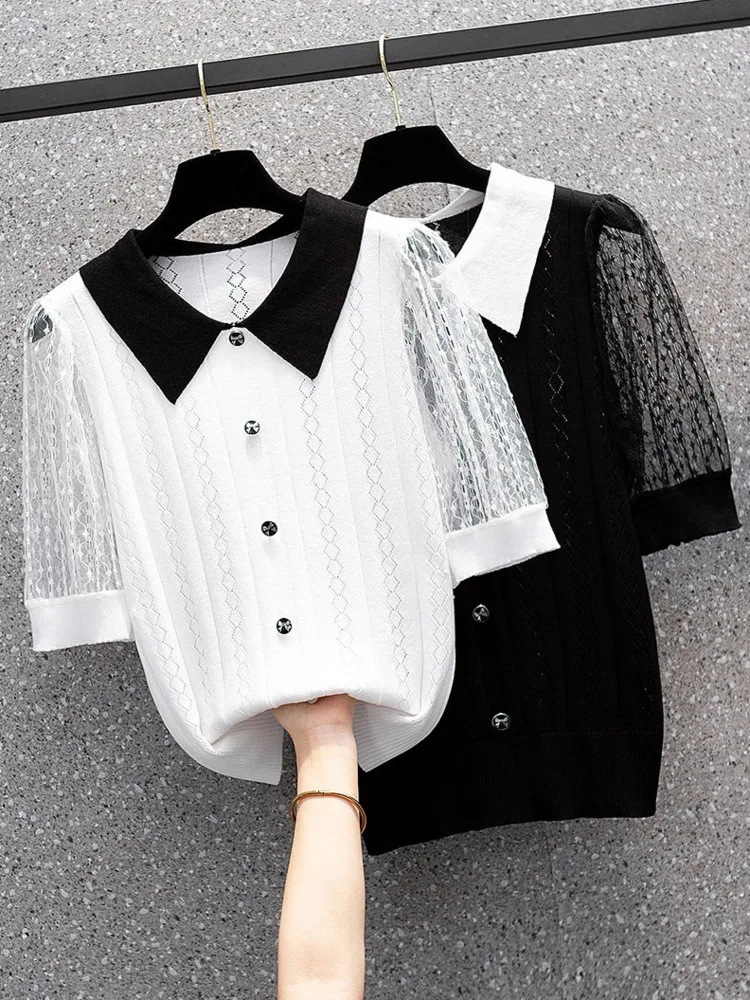 

Oversize XL-4XL Knitted T-shirt Women 2022 Summer New Lace Short Sleeve Large Tshirt Loose Hollow Out Ice Silk Top Fashion