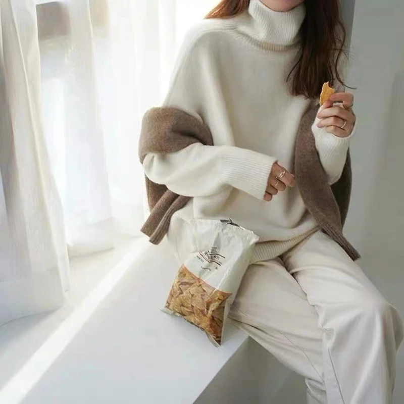 

2021 New Heavy European And American High Neck Cashmere Sweater Women's Thickened Sweater Loose Pullover Lazy Style Knitting