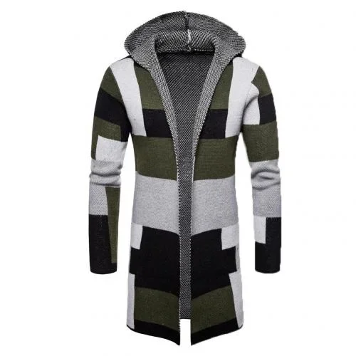 

Men Fashion Hooded Knit Cardigan Sweater Coat Long Sleeve Color Blocks Overcoat For