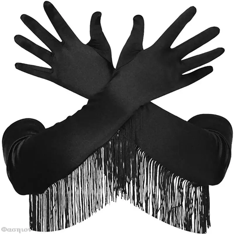 

Винтажные Длинные атласные перчатки с кисточками, черные эластичные перчатки до локтя для оперы и вечеринки 1920-х годов, свадебные танцеваль...