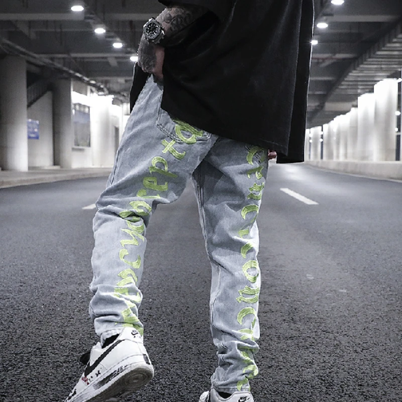 European And American High Street Letters Blue Straight Jeans OnThe Back Of Men's Slim Straight-leg Hip Hop Trousers