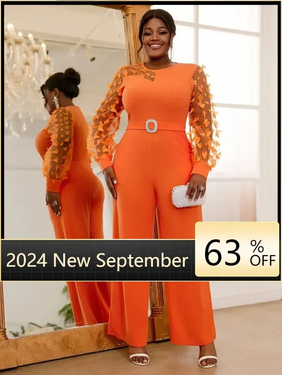 Элегантный женский осенний оранжевый комбинезон с круглым вырезом прозрачный