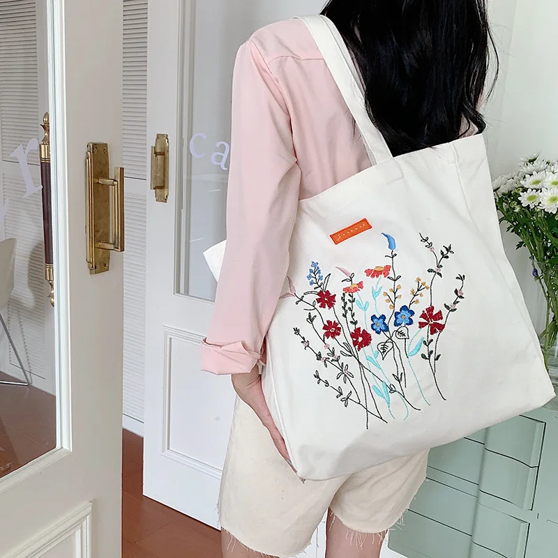 

Art Design Flowers Embroidery Big Canvas Bag For Women New Handbags Tote Bag Large-capacity Shoulder Bag Ladies Shopper Bag