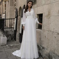 a line sexy wedding dress long sleeves open back chiffon deep v neck bride gown backless elegant robe de mari%c3%a9e wedding gown