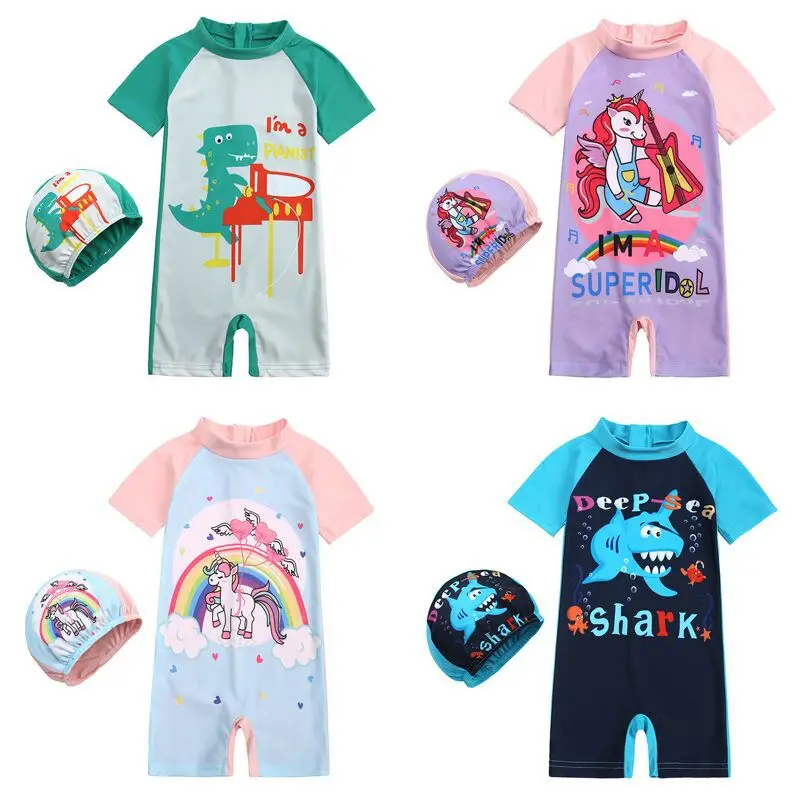 

Boys Cartoon Dinosaur Swimsuit One-piece Romper Summer New UV Protection Short Sleeve Swimwear Girl Unicorn Swim Suit Gifted Cap