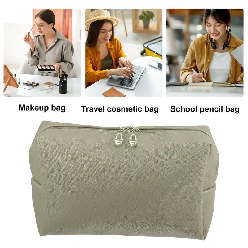 

Lovely Gray PU Leather Makeup Bag Travel L Size Waterproof Cosmetic Case for Women Girls Outdoors.