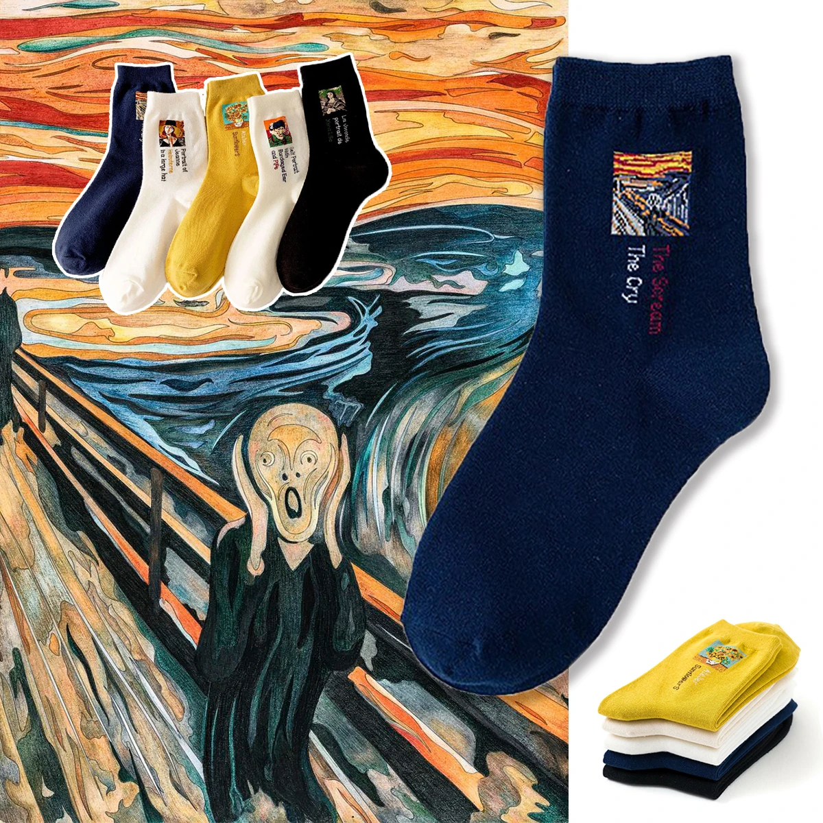 

The Scream Casual Women Cotton Socks Painting Vintage Abstract Art Patterned Socks for Women Van Gogh Socks Oil Painting Socks