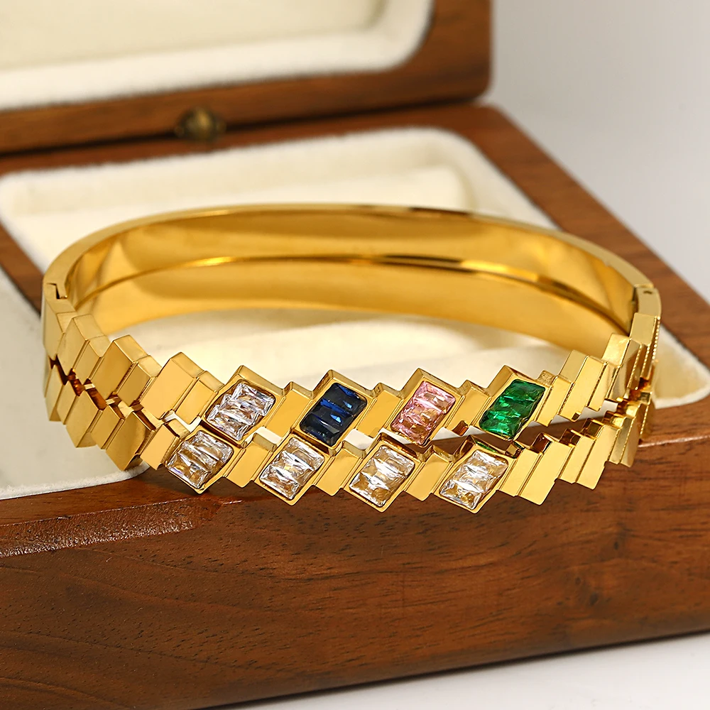 

Greatera Exquisite Square Colored Cubic Zirconia Charm Bangles Bracelets for Women 18K Gold Plated Geometric Bracelet Jewelry