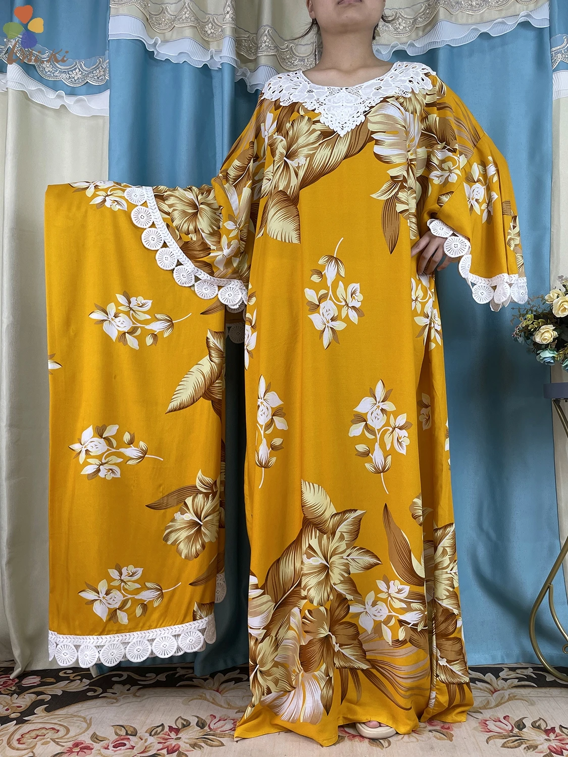 New African Women Tassel Sleeve Floral Printed Cotton Loose Femme Robe African Tradition Woman Dresses Paired witha Large Scarf