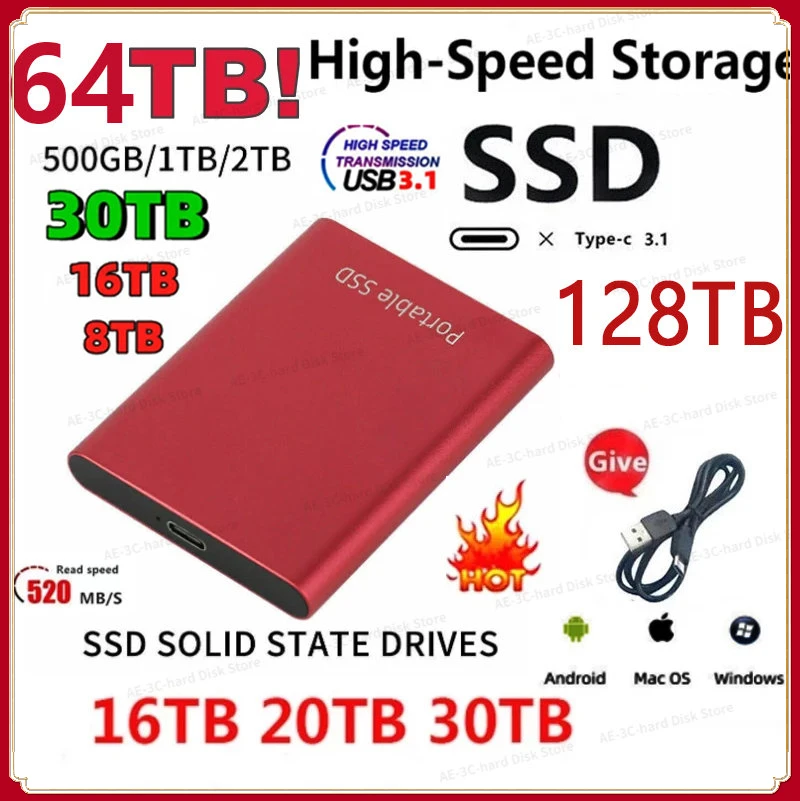 

128TB Portable SSD HDD 64TB 500GB External Hard Drive 2TB 4TB Solid State Drives 500GB Hard Disk USB 3.1 4TB SSD For Laptop PS4