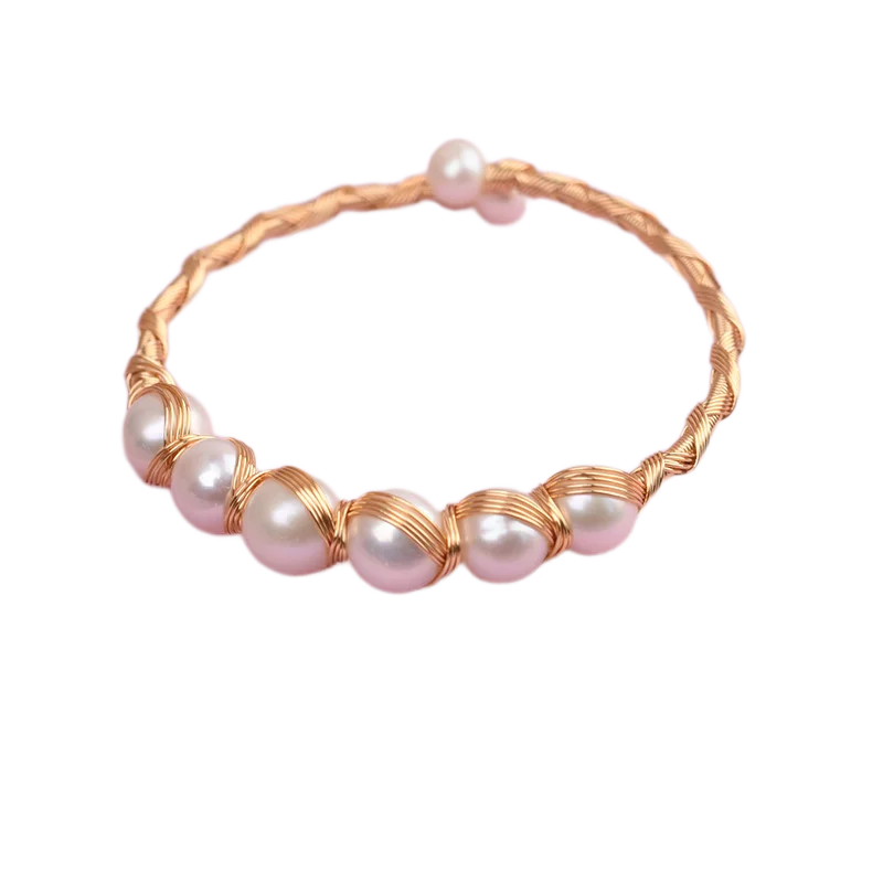 

Vintage gold plated bangle inlaid beaded natrual freshwater pearl bracelet handmade adjustable open twisted wire bracelet