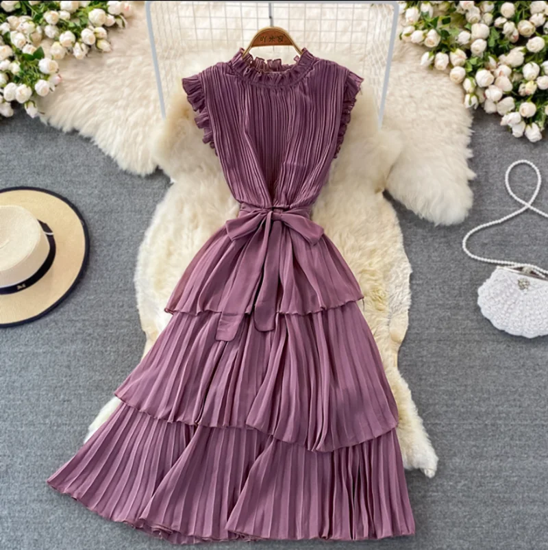 

Stand-Collar Pleated Dress Women 2022 Summer Multi-layer Cake Long Dress Beach Vacation Dress Red Yellow Pink Women