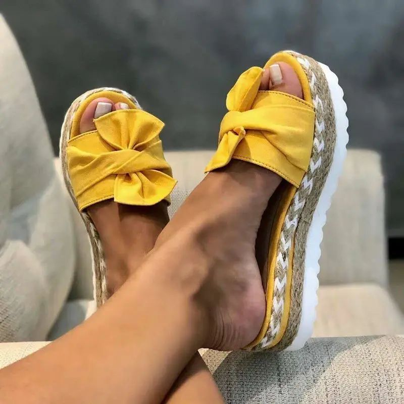 

2023 Women Slippers Summer Platform Wedges Mid Heels Bow Tie Peep Toe Fashion Slides Beach Outdoor Ladies Shoes Zapatos De Mujer