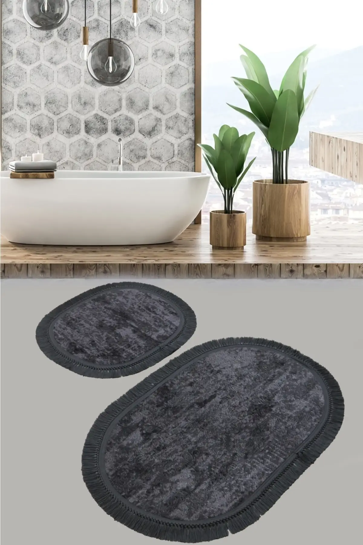 

Bath Carp Mat Cotton Non-Slip Base Oval Fringe 2 Li Toilet Set (Anthracite, 60x100cm) with 2 (60X100)+(50X60)