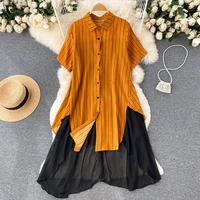 clothland women elegant striped shirt dress mesh patchwork short sleeve casual long blouse summer midi vestido da338