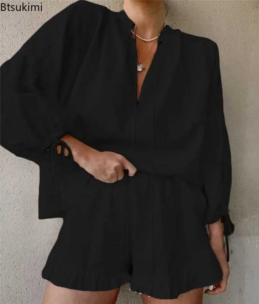 2025 женские летние комплекты шорт однотонные хлопковые льняные топы с