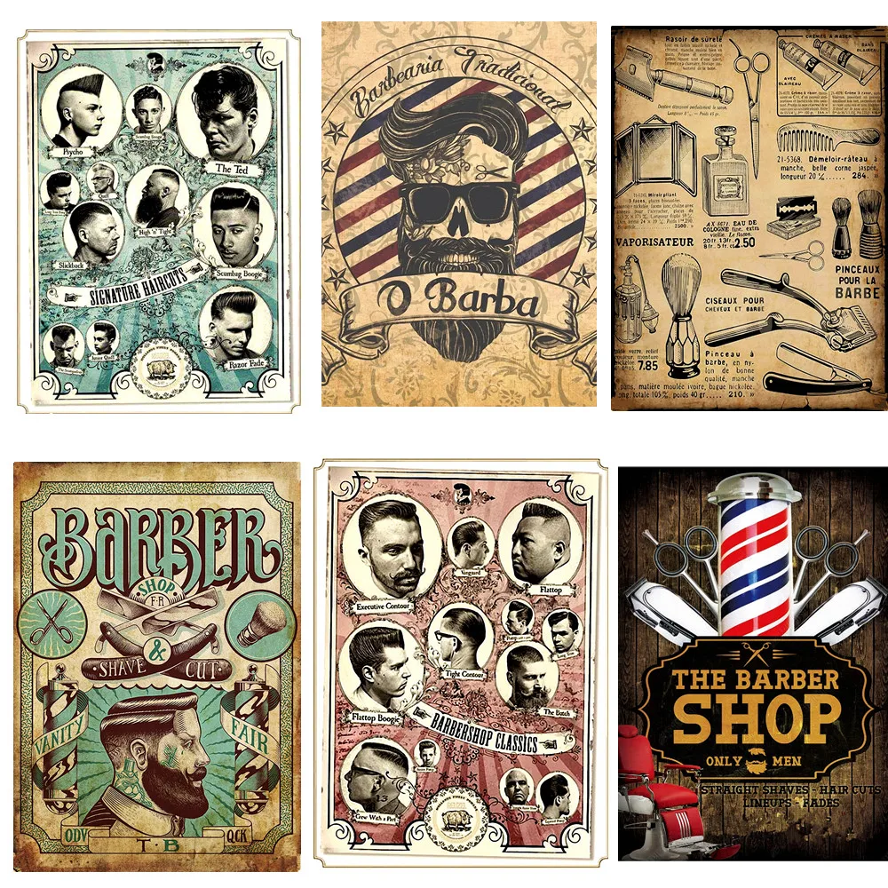 

Retro Hairdresser Tattoos kraft Patterned Paper Poster Barber Shop Decor Barber Tools Shave Hair Salon Wall Stickers 30X42 CM A