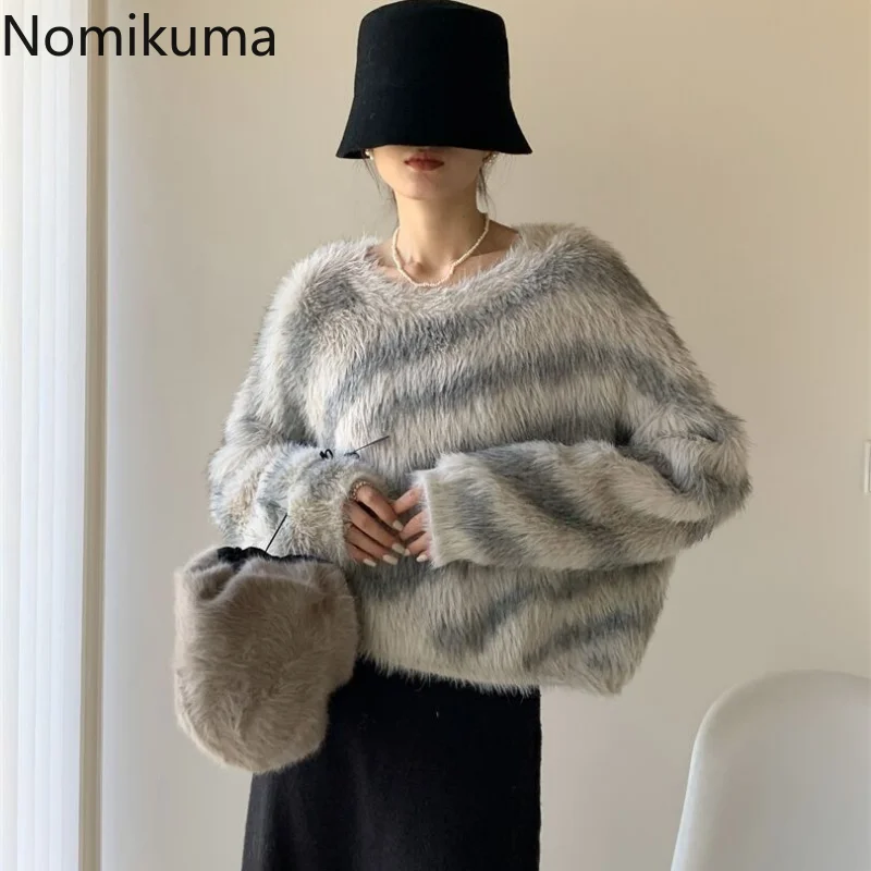 

Nomikuma Sweater Women Autumn Winter Contrast Color Striped High Waist Pullover Women Vintage Elegant Fashion Sueters De Mujer