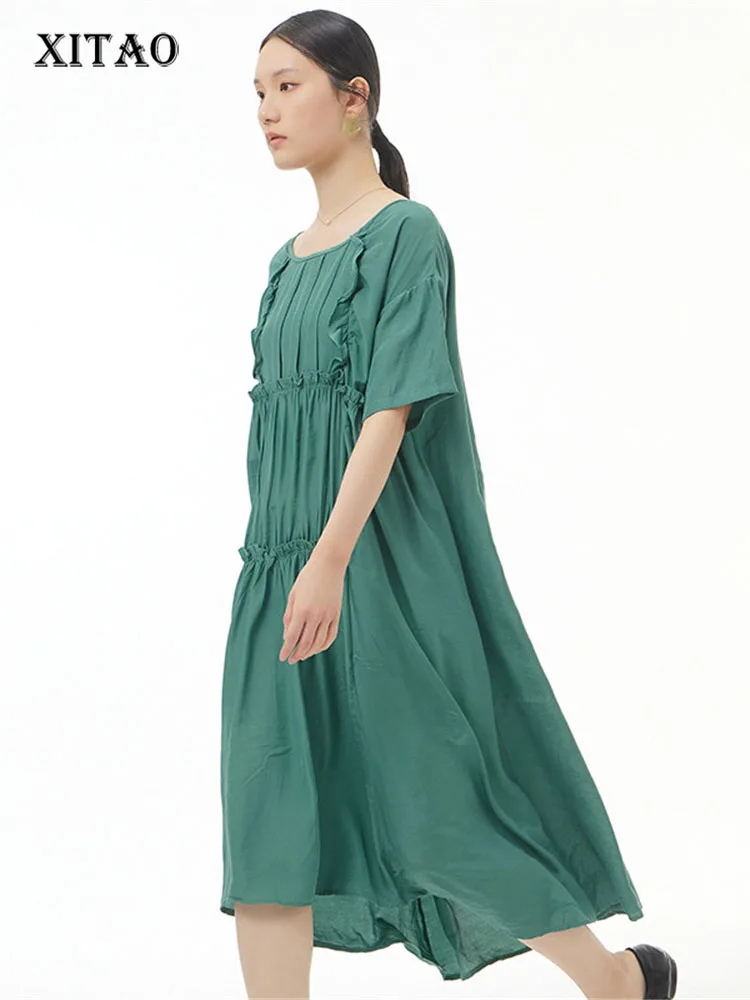 

XITAO Solid Color Dress Goddess Fan Pullover Small Fresh Ruffle Pleated Minority 2022 Summer Elegant Loose Dress WMD5425