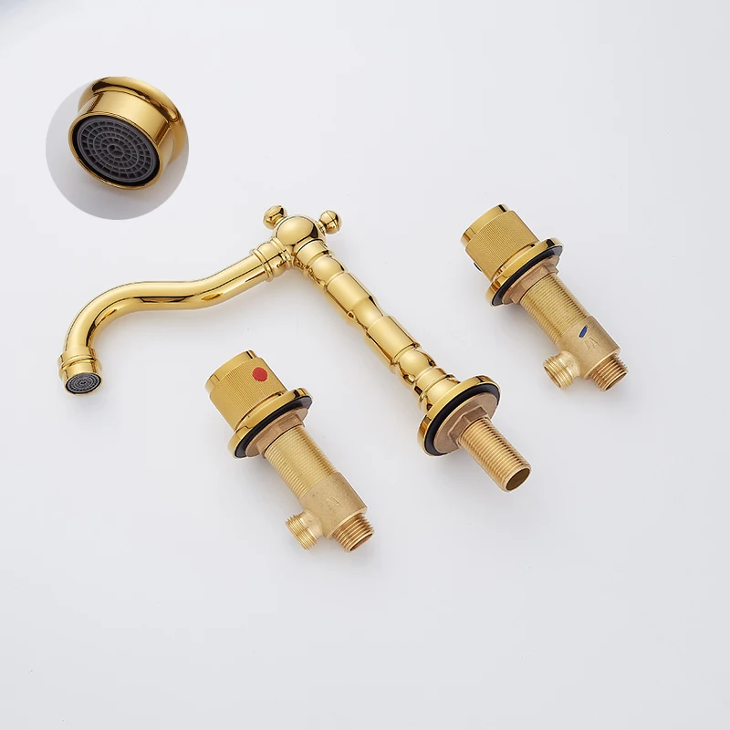 Высокий смеситель золотого цвета для ванной комнаты набор из трех предметов