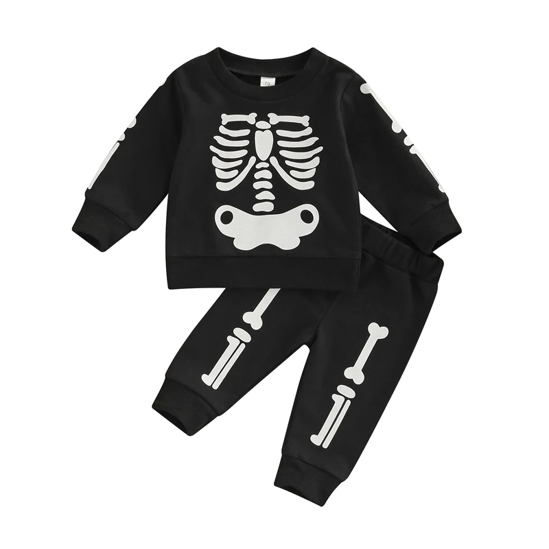 

Baby Boys Pants Set Halloween Costume 0-24 Month Infants Skeleton Print Long Sleeve Crew Neck T-shirt with Elastic Waist Pants