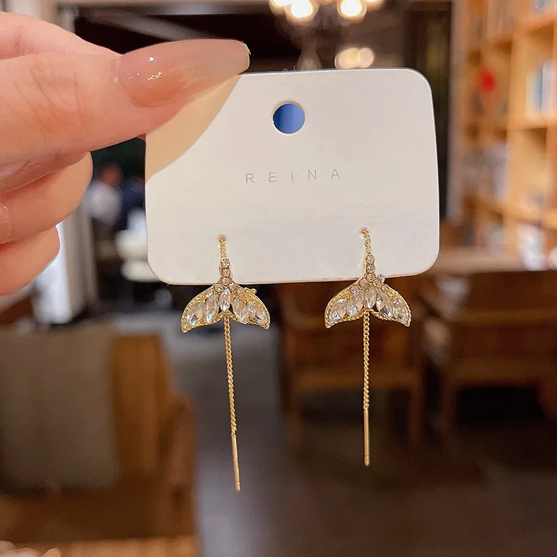 

Gold Thread Tassel Beautiful Sea Mermaid Fish Tail Earrings Zirconia Earrings for Women Party Jewelry