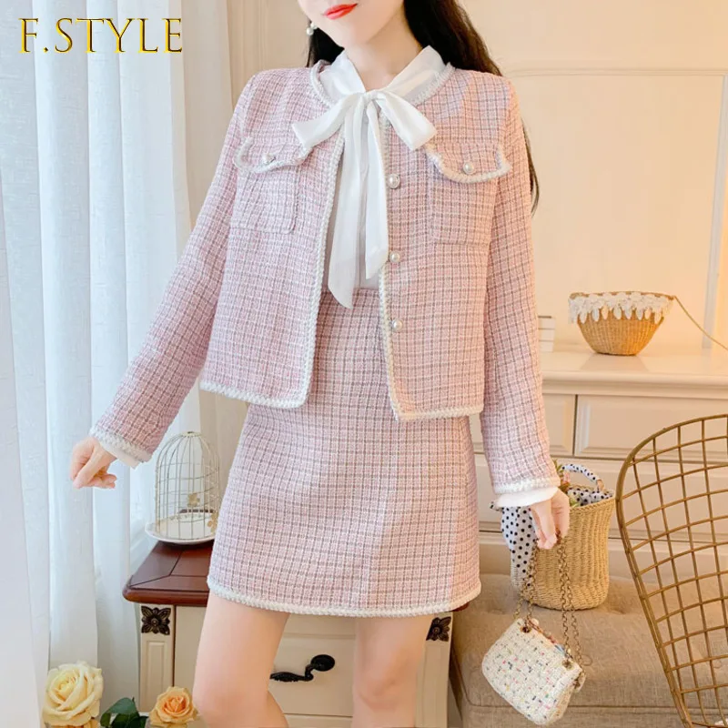 2021 New Autumn Winter Lady Tweed Sets Long-sleeved Fashion Elegant Coat + High Waist Mini Skirt Temperament Women 2-piece Suit