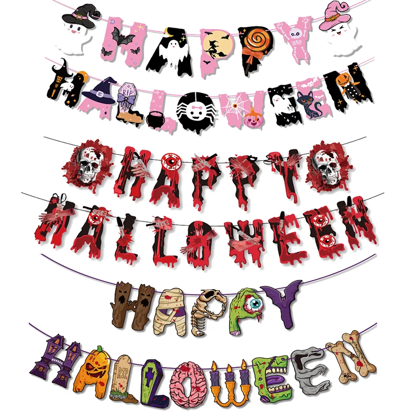 

Happy Halloween Paper Banner Horror Bat Pumpkin Witch Spider Skull Garland For Halloween Party Kids Decoration Bunting Flags