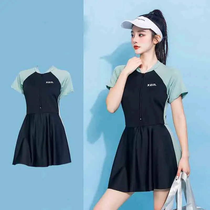 

2XL Swimsuit Women's One-piece Solid Color Sport Swimsuit Conservative Show Thin Steel Support Bra Dress Style Swimwear