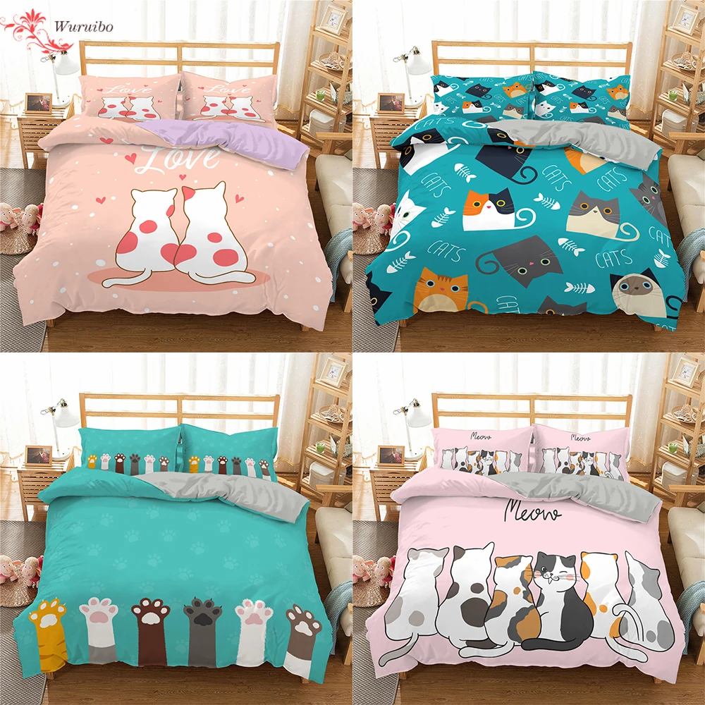 

Homesky Bedding Set Cartoon Cat Duvet Cover Polyester Bedding Cover 2/3pcs Printing Comforter Cover Adult Kid Size Bedroom Decor