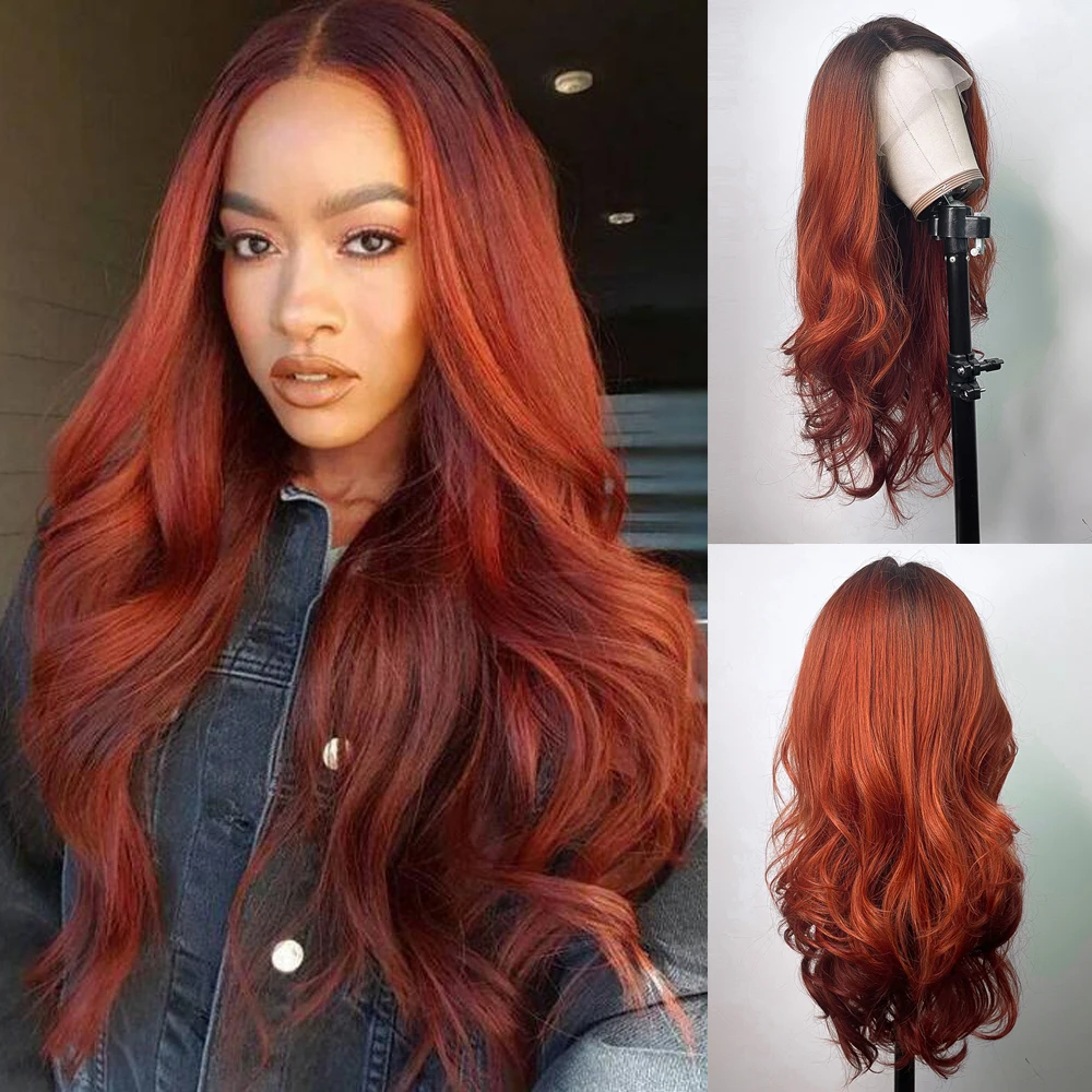 

Женский парик из натуральных волос EASIHAIR, длинный волнистый красный парик с волнистым кружевом, термостойкие парики для костюмированной вечеринки