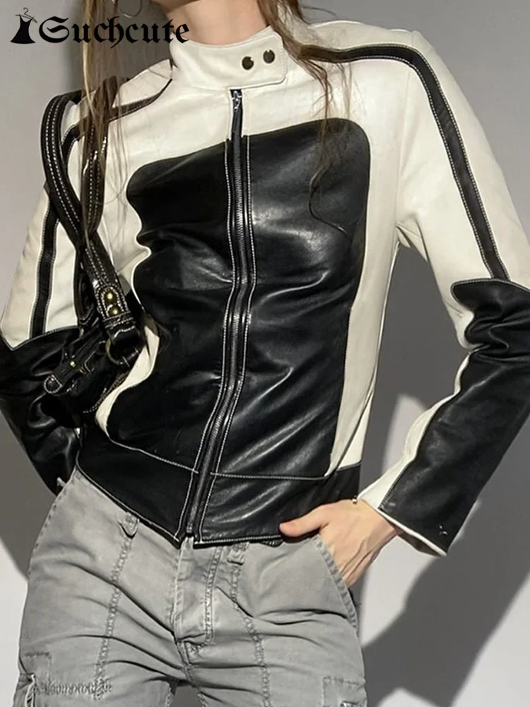 

Motorcycle Black White Contrast Print Leather Jackets Women Moto & Biker Zip Up Slim PU Bomber Jacket Racing Outwears