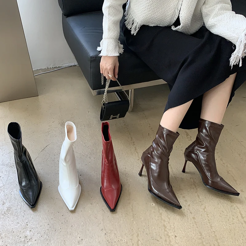 

Black/White/Red/Brown Women Ankle Boots Pointed Toe Stretch Shoes Short Booties Thin High Heels Autumn Winter Party Pumps 35-39