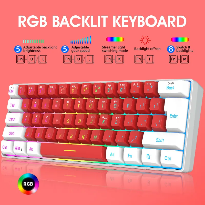 

Двухцветная клавиатура, 61 клавиша, проводная мембранная клавиатура с RGB-подсветкой, Разделение кабеля, USB-C для игровой клавиатуры, офиса