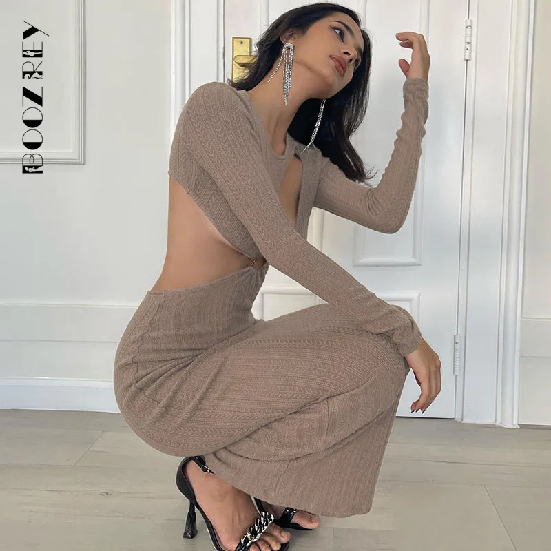 

BoozRey Sexy Round Neck Long Sleeve Cutout Air Quality Slim Fit Slim Dress Women 2022 Fall Fashion Elegant Skinny Women's Dress