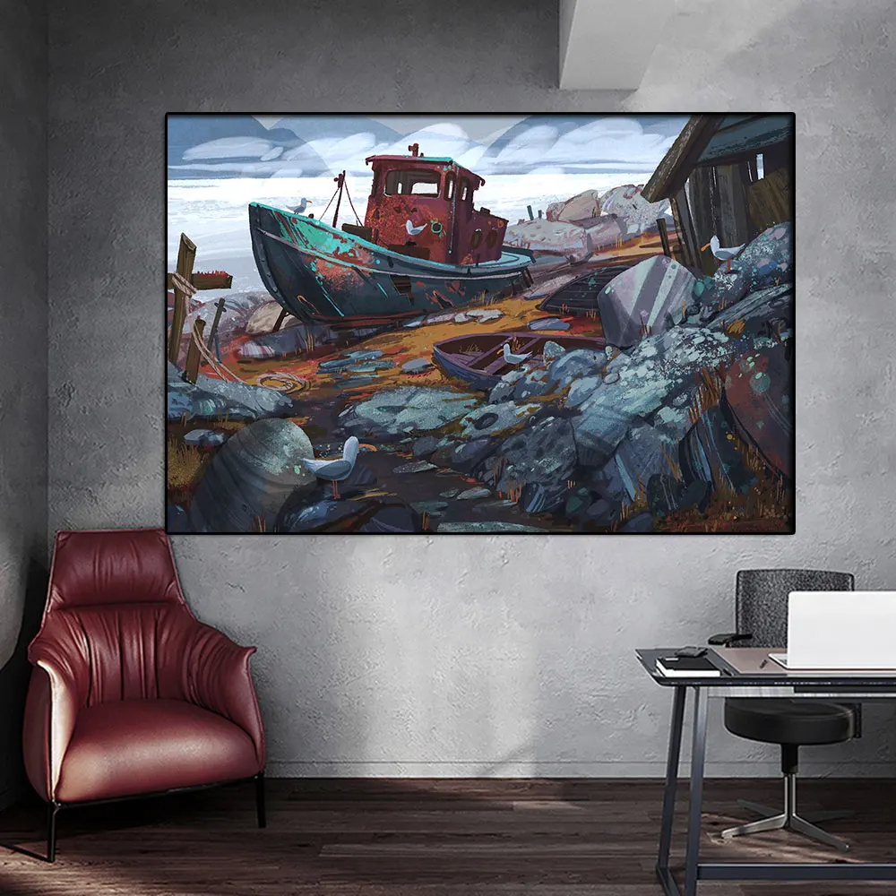 

Norway Fishing Boat Sunset Wall Art Canvas Painting Nordic Seagull And Rusty Boat Poster And Print Picture For Room Home Decor