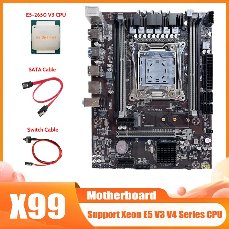 X99 Motherboard LGA2011-3 Computer Motherboard With E5-2650 V3 CPU+SATA Cable+Switch Cable Support Dual Channel DDR4 RAM