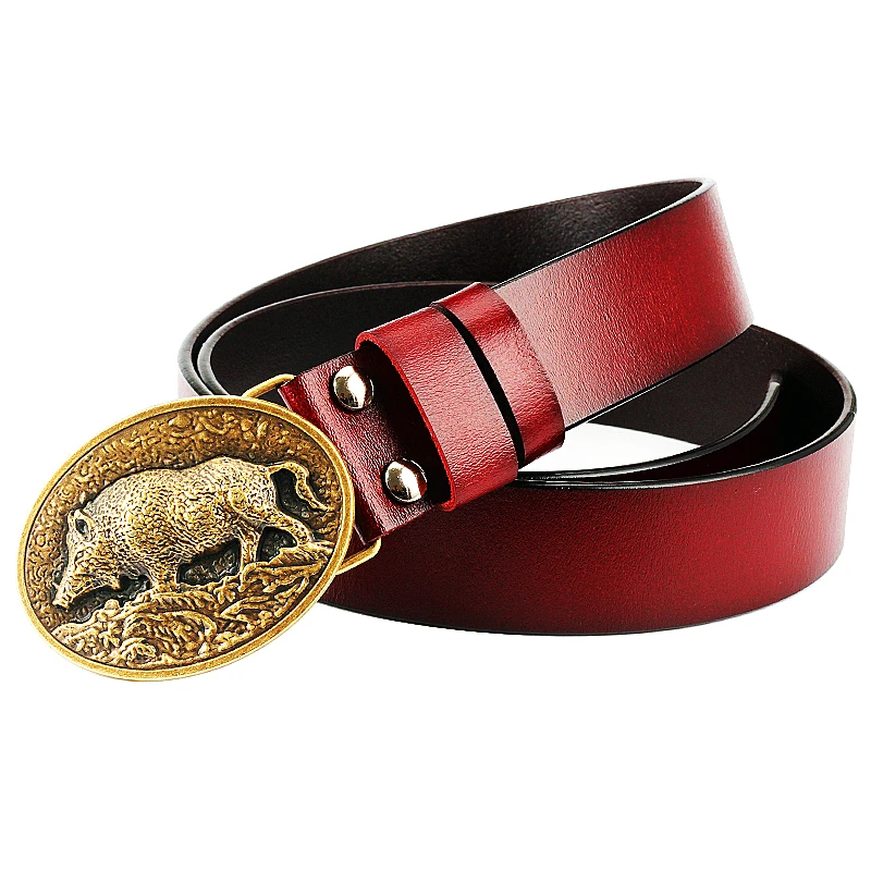 Gift For Men Belts Hunting Wild Boar Golden Color Buckle Wild Pig Skin Leather Belt Male Fashion Waistband Free Shipping