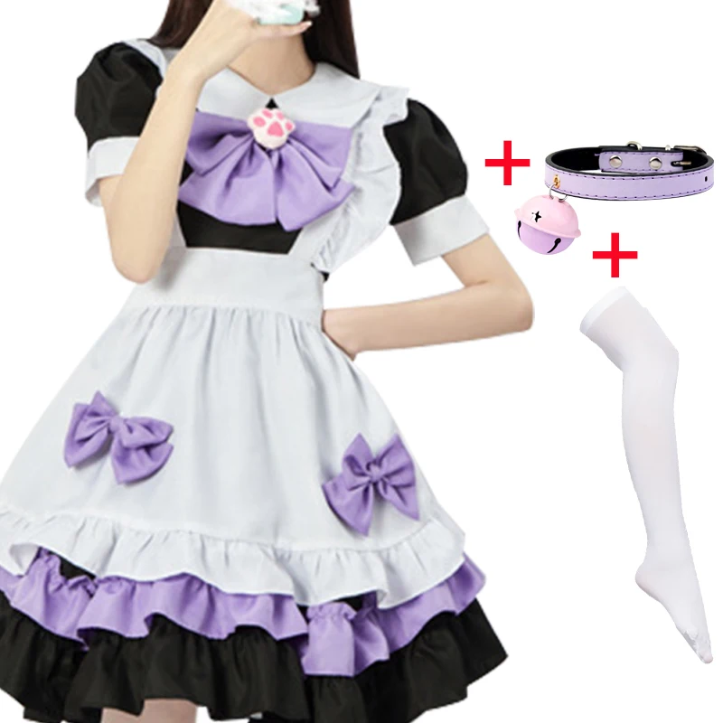 Anime Maid Lolita Dress Cosplay Costume viola rosa donna Loli Dress Cat Claw Maid Bow Bell Collar e calze bianche