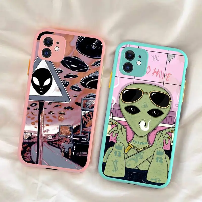 

Aesthetics Cartoon Alien Space Phone Case for iPhone 14 11 12 13 Mini Pro Max 8 7 Plus X XR XS MAX Translucent Matte Cover