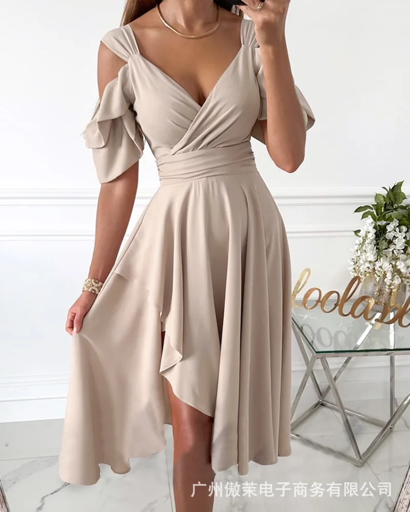 

Cutout Ruched Ruffle Hem Asymmetrical Party Dress Fashion Summer Autumn Chic High Style Short Sleeve Cold Shoulder