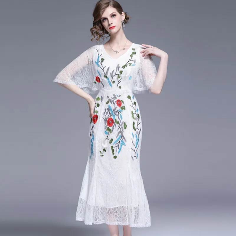 

Vintage Embroidery Summer Dress For Women Square Collar Short Sleeve fishtail Dresses Female Fashion Clothes