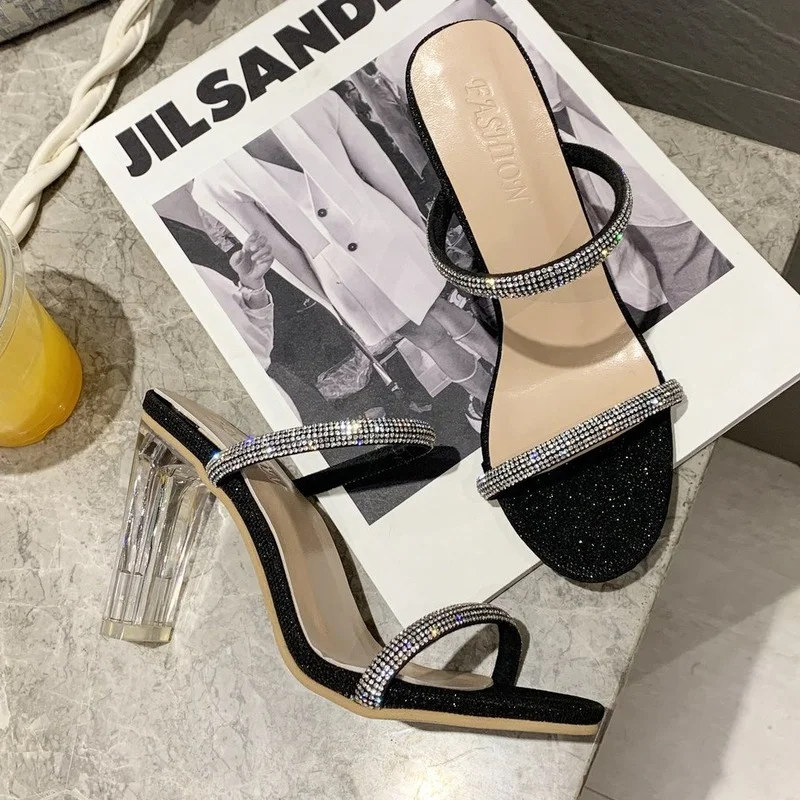 2022 Fashion Rhinestone Word Women High Heels Sexy Ladies Slippers Luxury Designer Ladies Street Beach Sandals Slippers Size 42