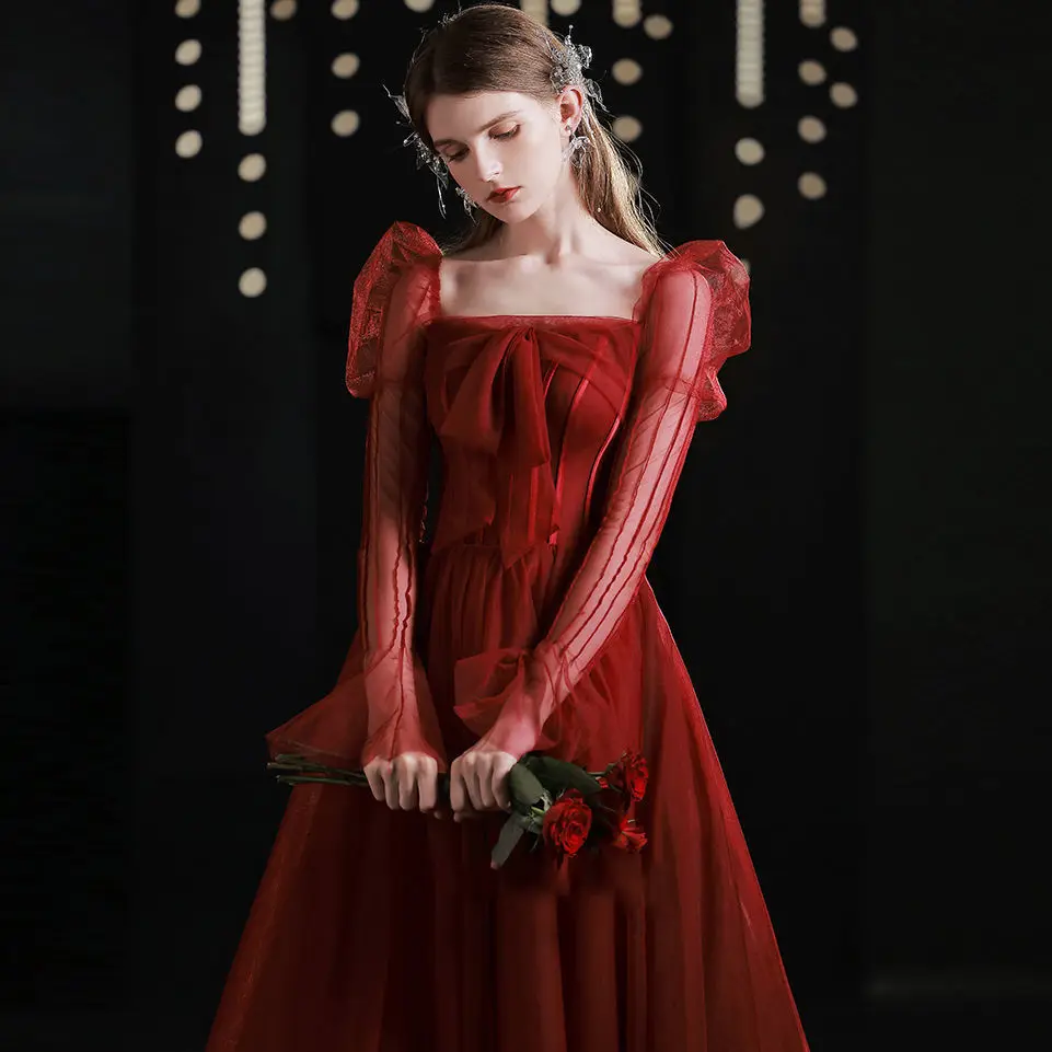 

Hong Hu Women's Formal Evening Dress Retro wedding 2022 new puff sleeves elegant banquet dinner gown for debut