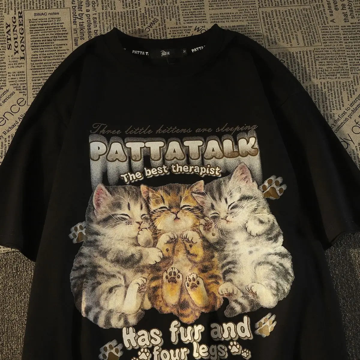 

European and American high street hip-hop short-sleeved cat pattern t-shirt men and women summer couple dress half-sleeved top