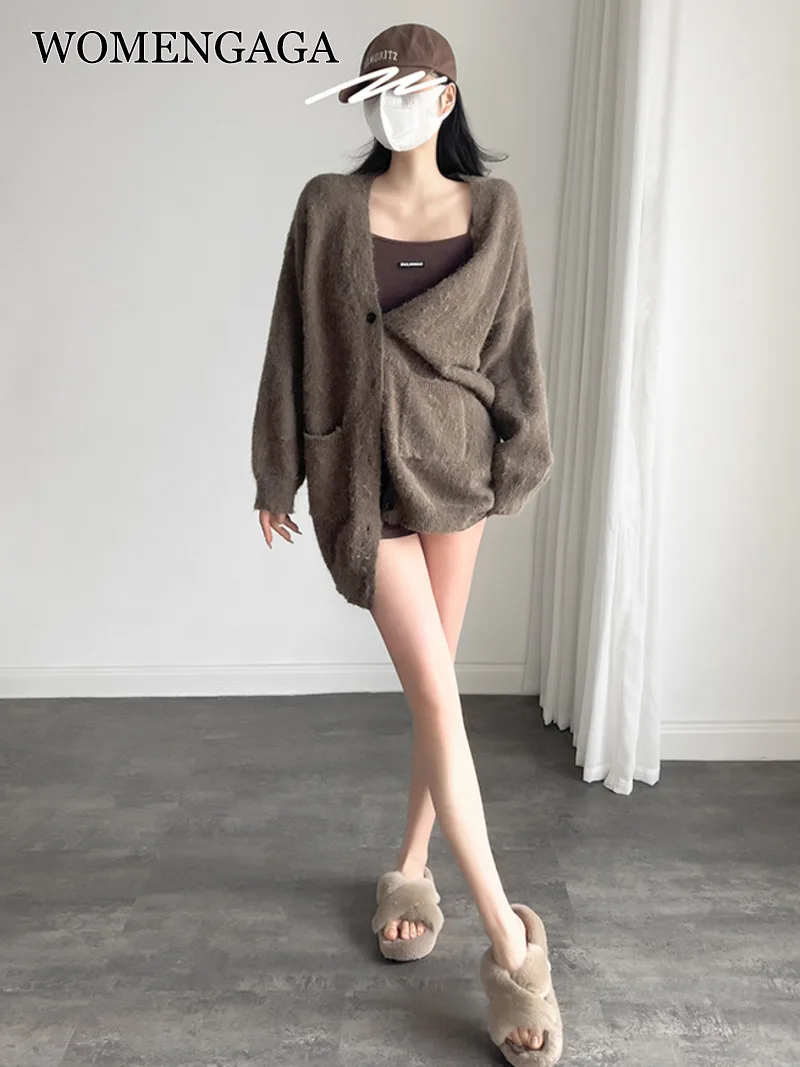 

Knitted Sweet Wool Coat V-neck Spice Girl Winter Long Sweater Cardigan Loose Slim Top Women Sweater R29S