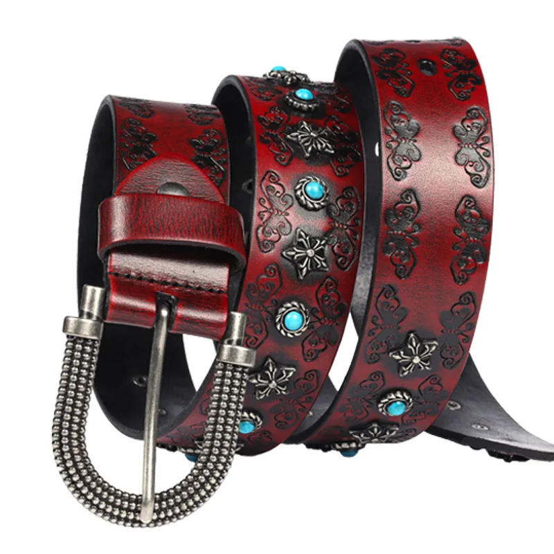 Fashion Floral Carved Genuine Leather Belts For Men Women Designer High Quality Women Belts Waist With Rivet Cool Punk