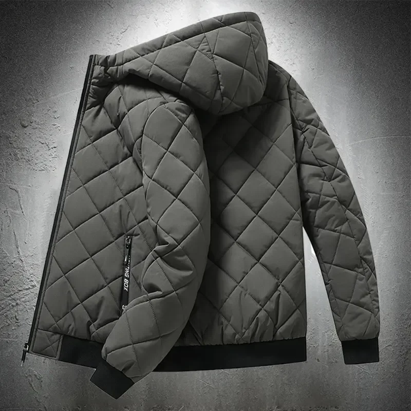

Jackets for Men with Hood Autumn Winter Cotton Padded Jacket Men Fashion Clothing Rhombus Texture Casual Parkas Plus Size 5XL